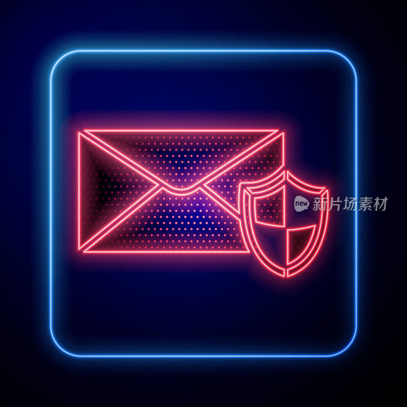 Glowing neon Envelope with shield icon isolated on blue background. Insurance concept. Security, safety, protection, protect concept. Vector Illustration